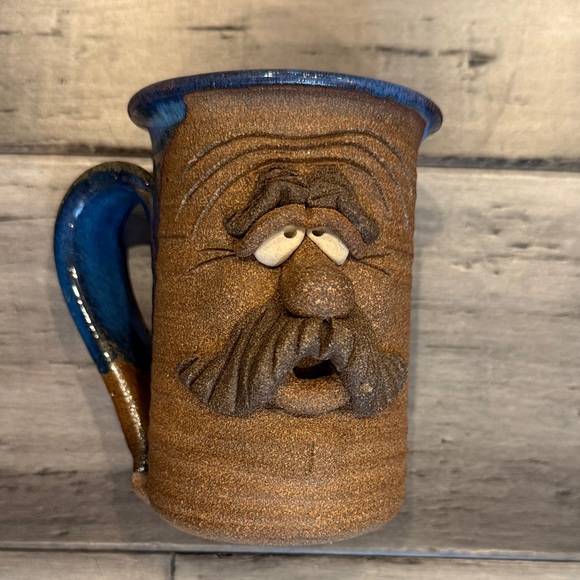 Other - Vintage Handcrafted Brown Ceramic Character Mug with Blue Accent